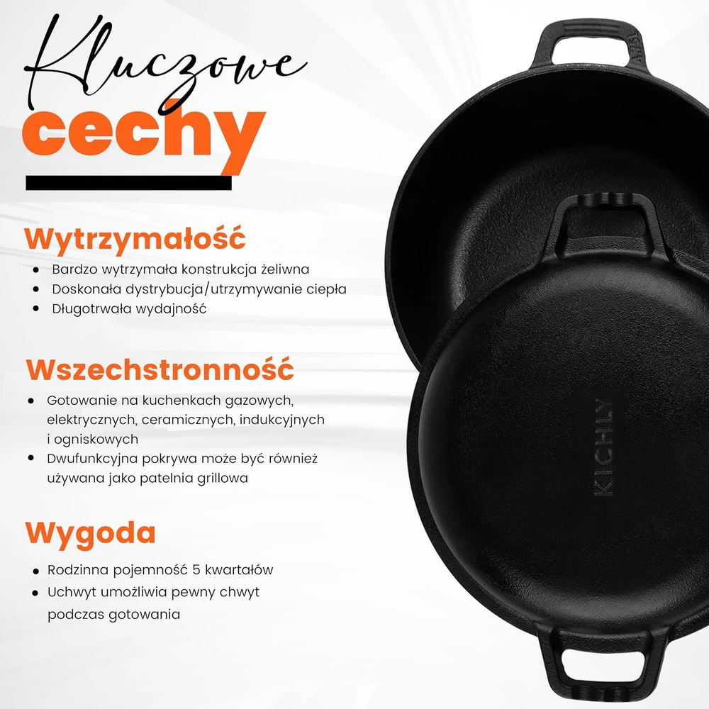 Kichly žalias olandiškas puodas 4,7 l su ketaus dangčiu grilinimui, dvigubos paskirties, juodas KY01495US