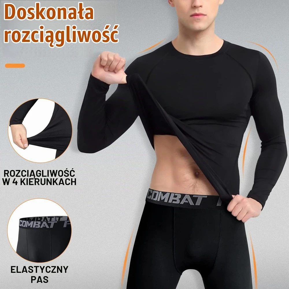 Kiiwah vyriškas termo apatinių komplektas ilgomis rankovėmis, juodas, M, 25-1P Men Thermal Underwear-BK-M