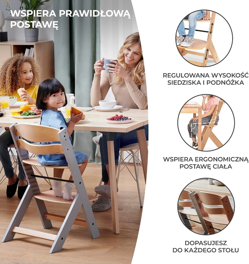 Kinderkraft Enock - maitinimo kėdutė 3in1 | Pilka / Medienos spalva