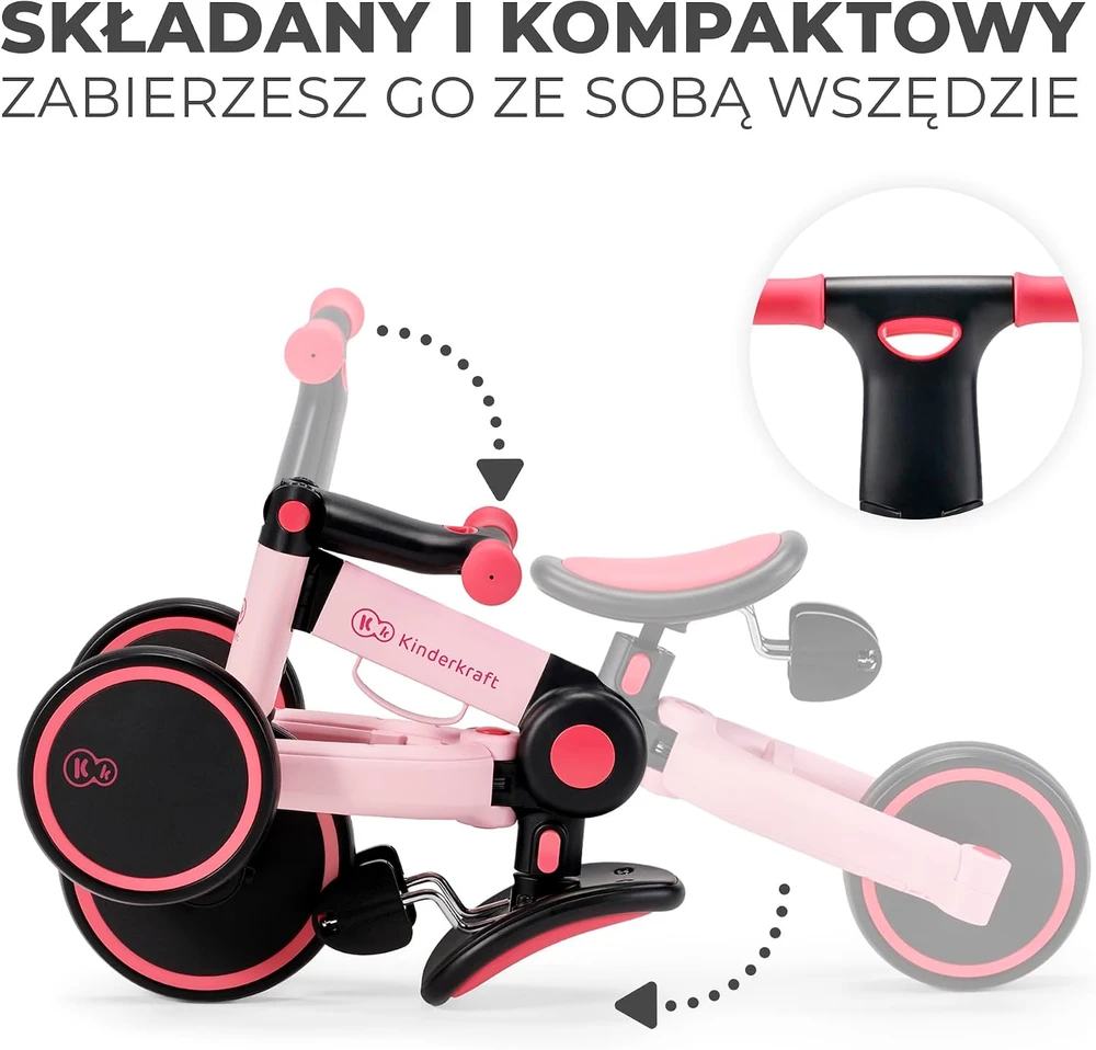 Kinderkraft sulankstomas vaikiškas triratukas 3 viename 4TRIKE KR4TRI00PNK0000, rožinis