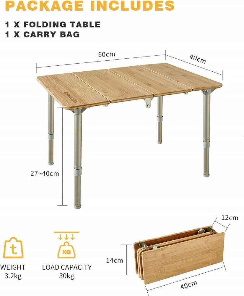 King Camp KingCamp bambukinis sulankstomas kempingo staliukas, reguliuojamas aukštis, 60 × 40 cm, 30 kg