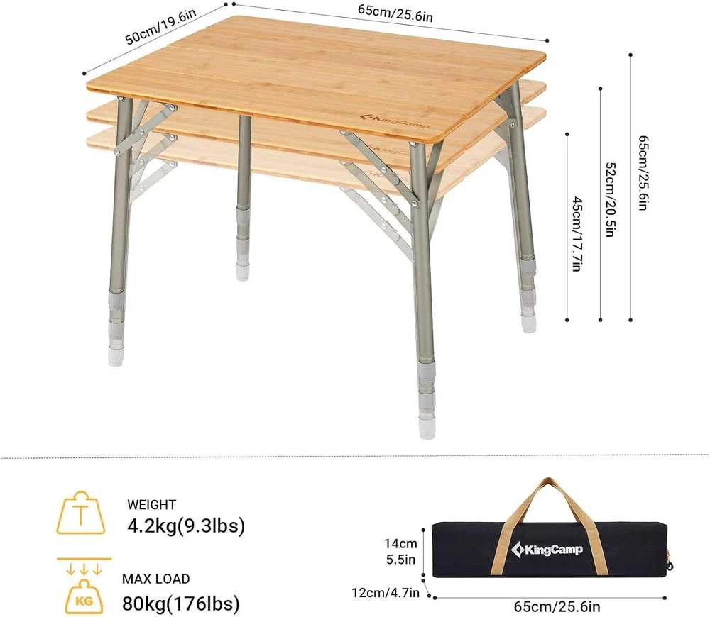 King Camp KingCamp sulankstomas bambukinis kempingo stalas, 65 × 50 cm, reguliuojamas aukštis, apkrova iki 80 kg, KC2018
