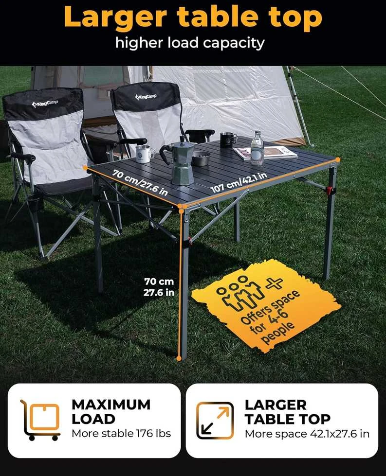 King Camp KingCamp sulankstomas kempingo stalas, 107 × 70 × 70 cm, aliuminis ir plienas, 80 kg, KC3866