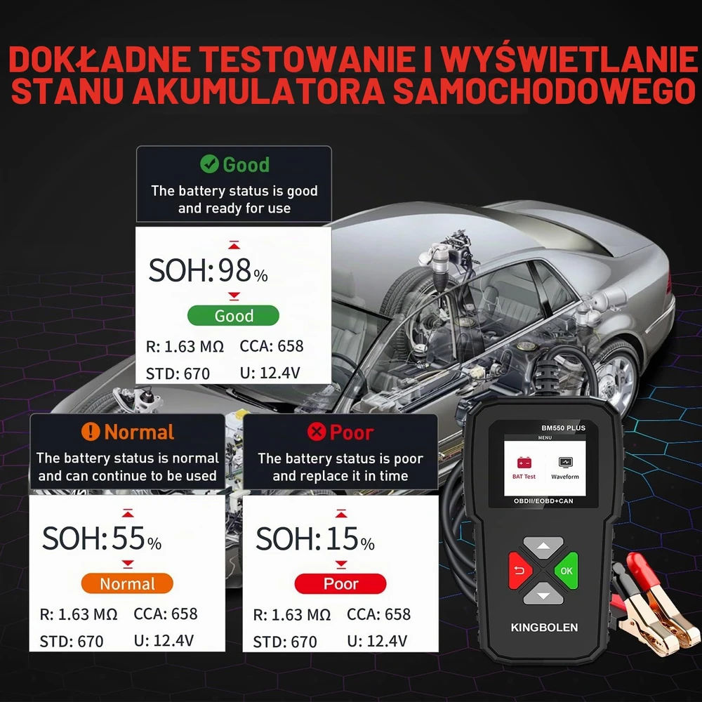 KINGBOLEN akumuliatorių testeris 6 V, 12 V, 24 V, 100–2000 CCA su 1,8 col. ekranu KBL551