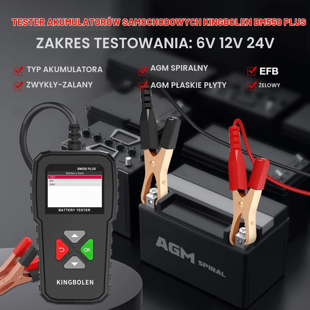 KINGBOLEN akumuliatorių testeris 6 V, 12 V, 24 V, 100–2000 CCA su 1,8 col. ekranu KBL551