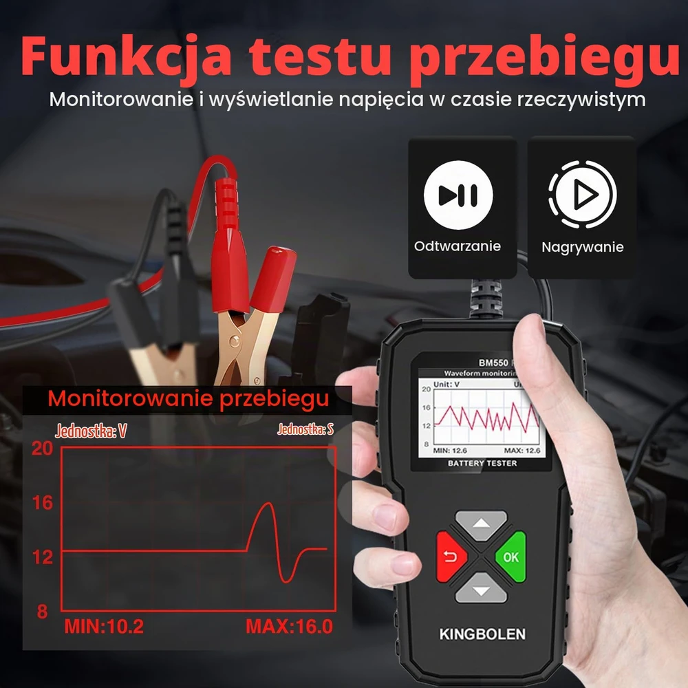 KINGBOLEN akumuliatorių testeris 6 V, 12 V, 24 V, 100–2000 CCA su 1,8 col. ekranu KBL551