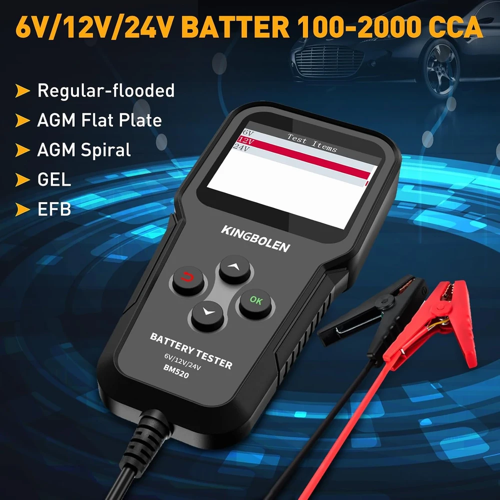 KINGBOLEN automobilio akumuliatorių testeris 6 V–24 V, 100–2000 CCA, KBL520