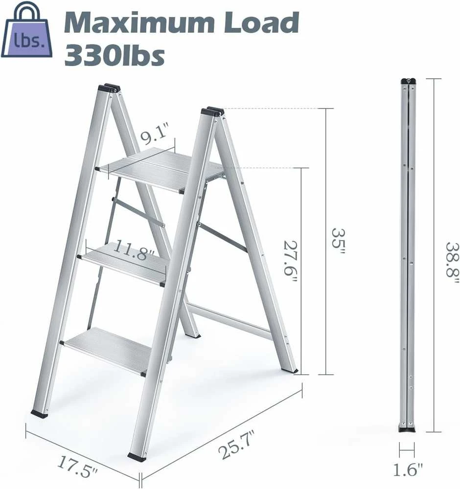 KINGRACK aliuminio trijų pakopų sulankstoma kopėčių laipteliai, 150 kg, 89 cm, sidabrinė