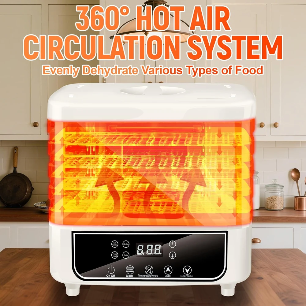 KingSom maisto džiovyklė su 5 padėklais, temperatūros reguliatoriumi 35-70 °C, laikmačiu 24h, LED ekranu, FC-205