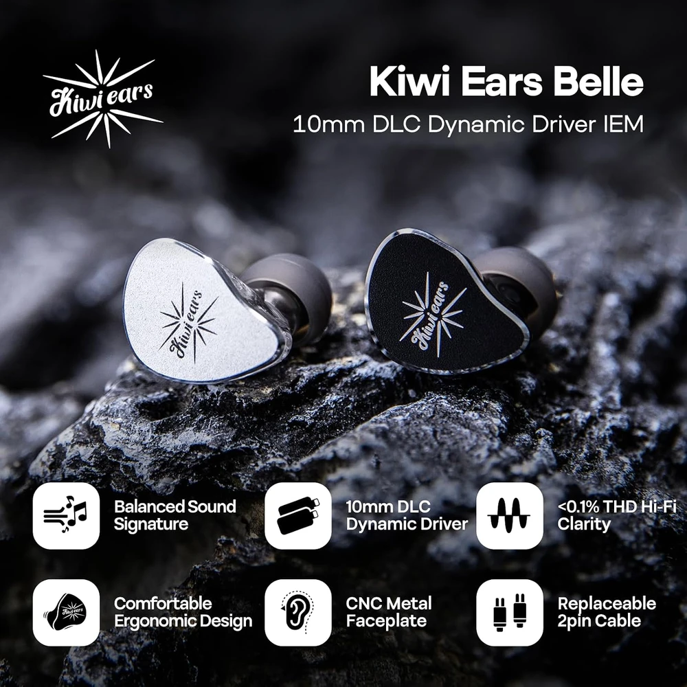 Kiwi Ears į ausis įdedamos laidinės Hi-Fi ausinės su 10 mm DLC keitikliu Belle