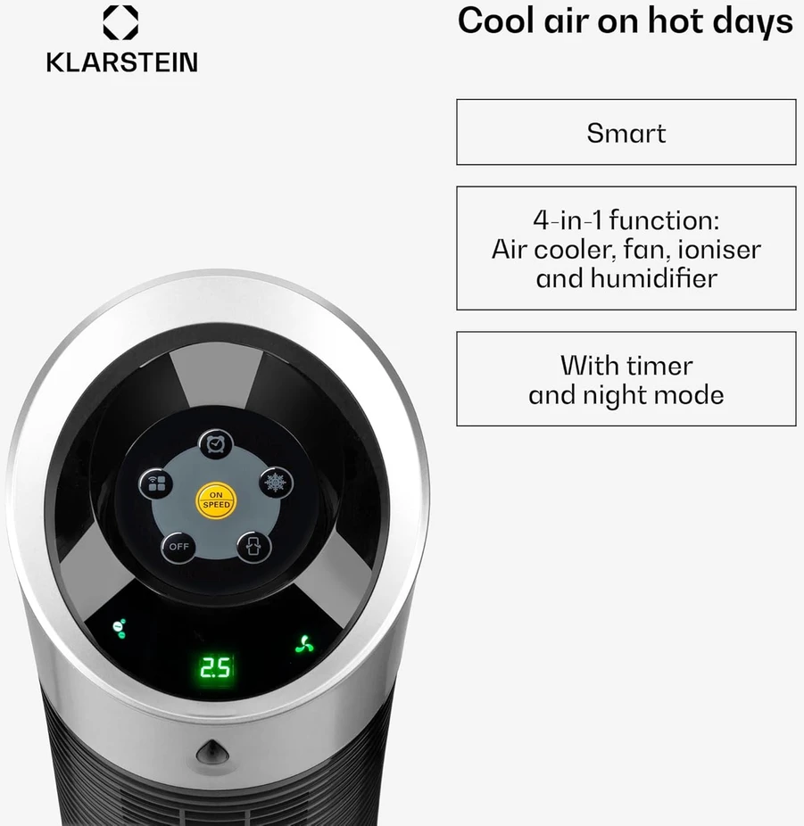 Kondicionierius Klarstein mobilus oro vėsintuvas 4-in-1, 30 W, 6 l vandens talpa, jonizavimo ir drėkinimo funkcija, Skyscraper Ice