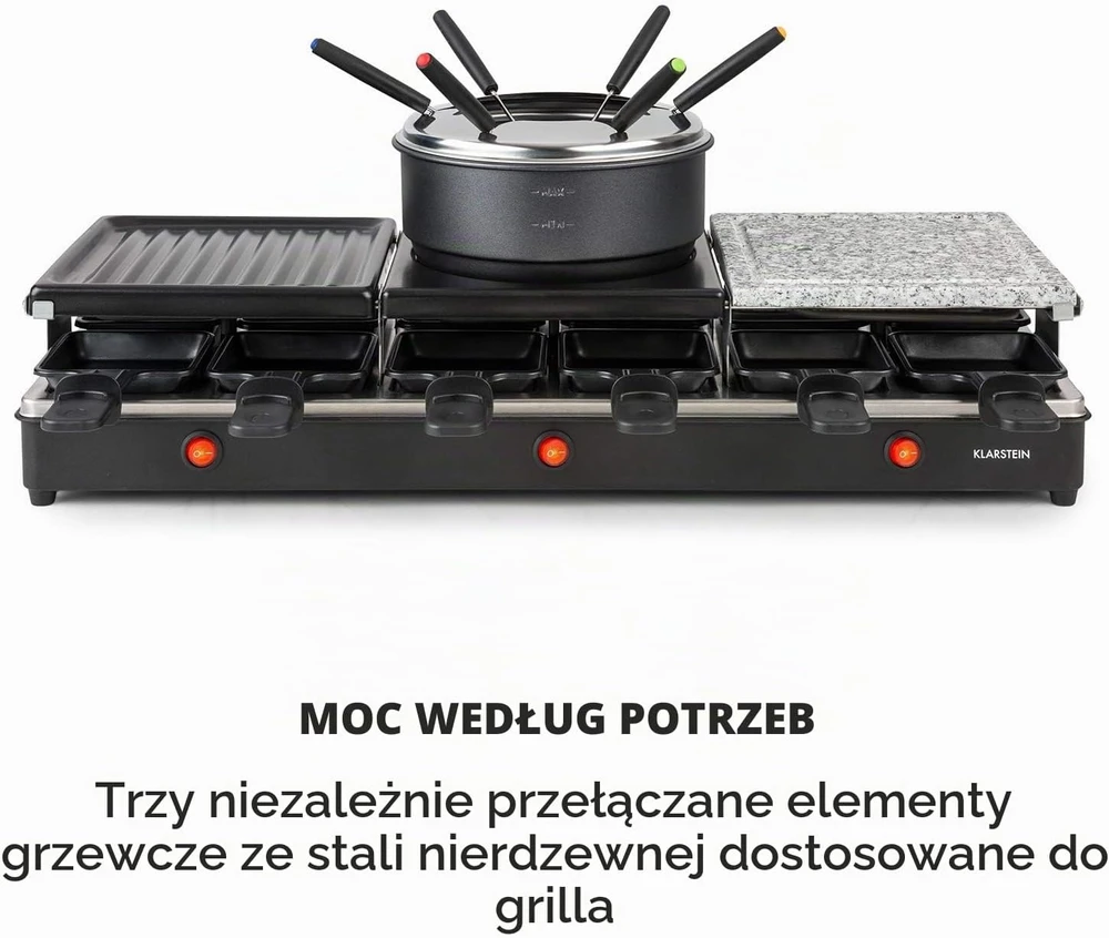 Klarstein raclette ir fondiu grilis Fonduelette XL 3 viename, 1650 W, 12 asmenų