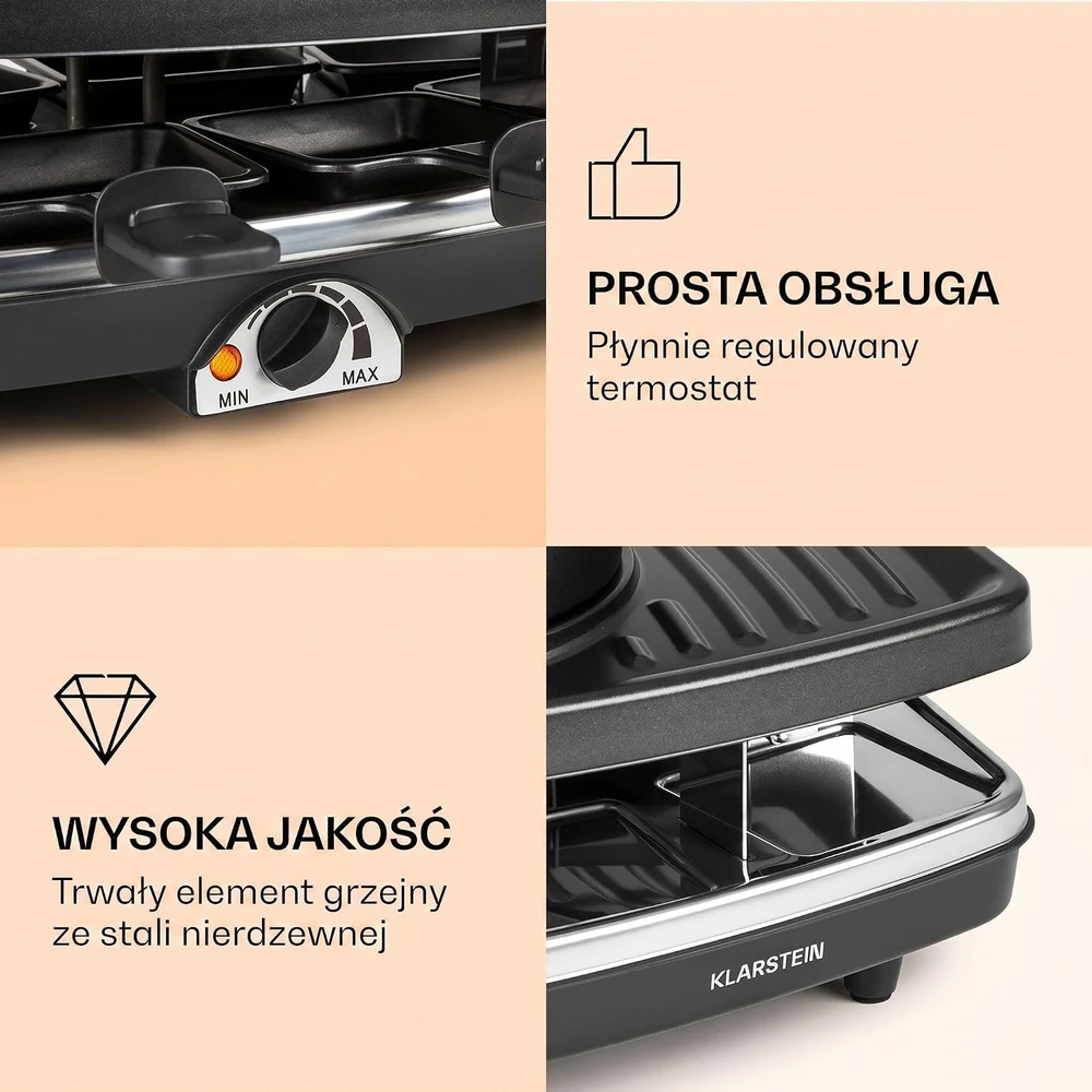 Klarstein stalo raclette grilis su fondiu rinkiniu, 1100 W, 8 keptuvėlėmis, Entrecote