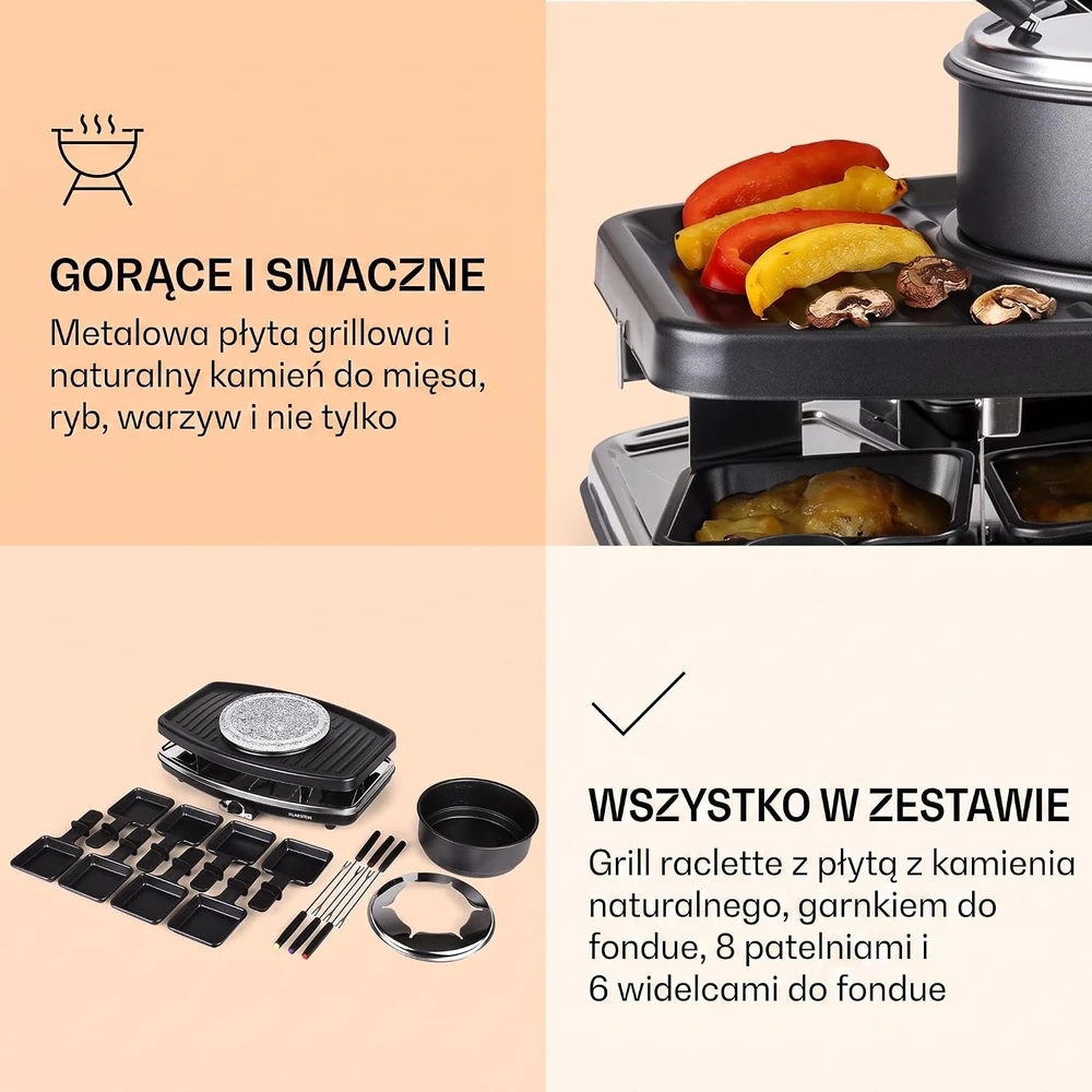 Klarstein stalo raclette grilis su fondiu rinkiniu, 1100 W, 8 keptuvėlėmis, Entrecote