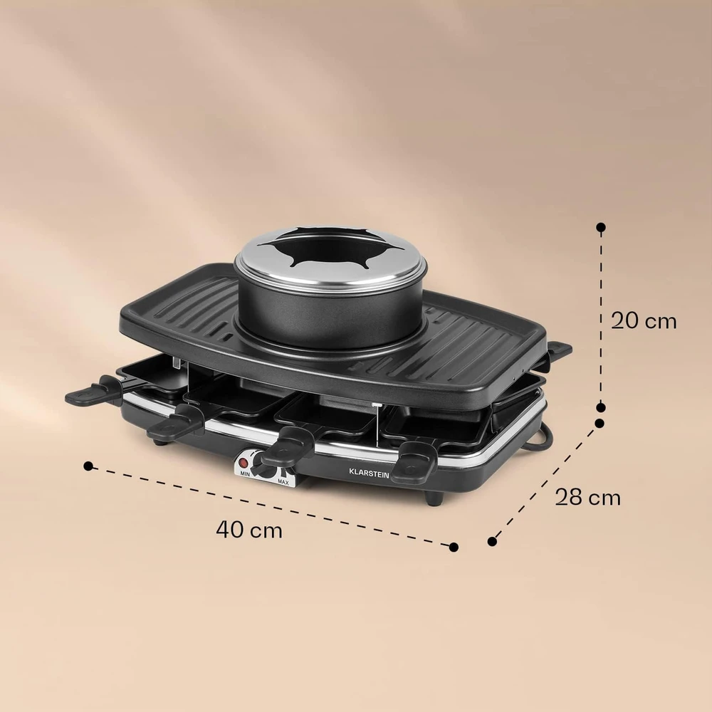 Klarstein stalo raclette grilis su fondiu rinkiniu, 1100 W, 8 keptuvėlėmis, Entrecote