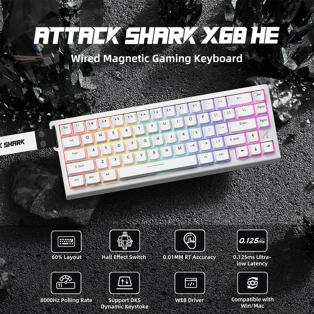 Klaviatūra ATTACK SHARK žaidimų klaviatūros ir belaidės pelės rinkinys X68HE-X3, Hall efekto jungikliai, 26 000 DPI