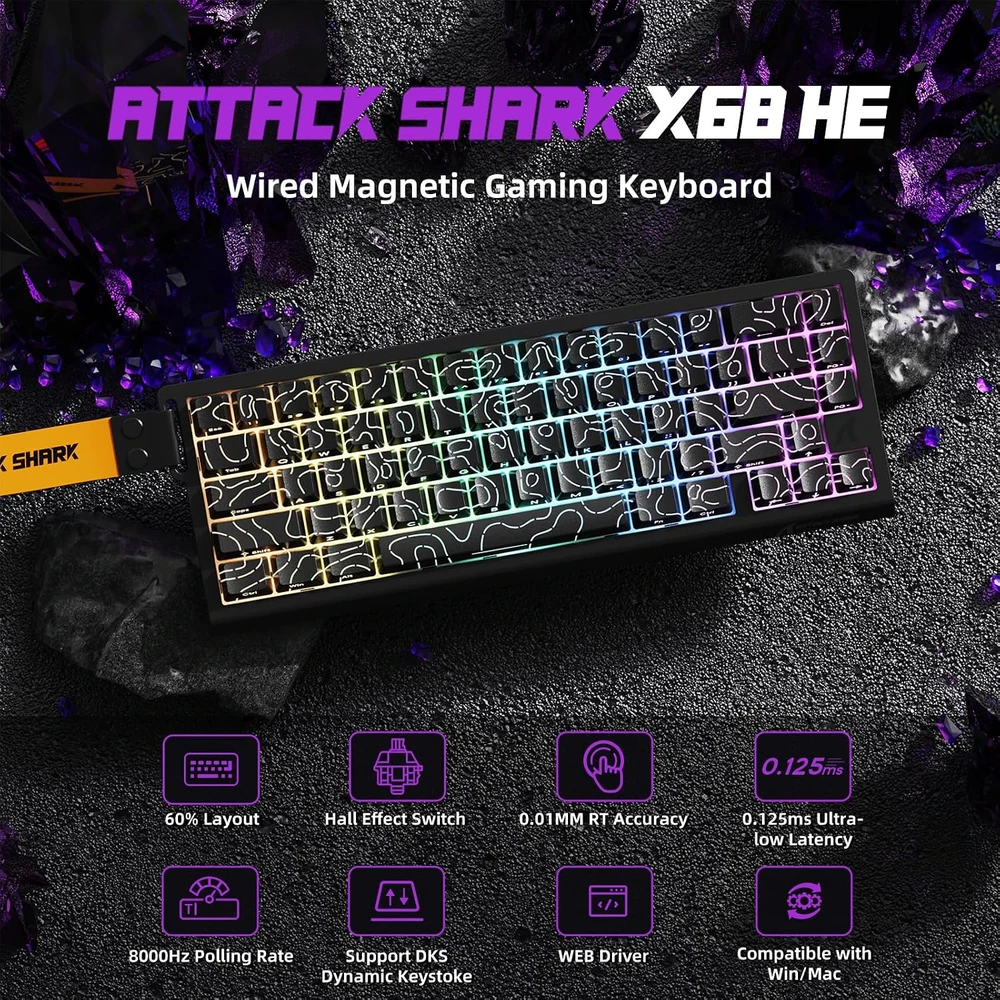 Klaviatūra ATTACK SHARK žaidimų klaviatūros ir belaidės pelės rinkinys X68 HE X3, 8000 Hz, PAW3395