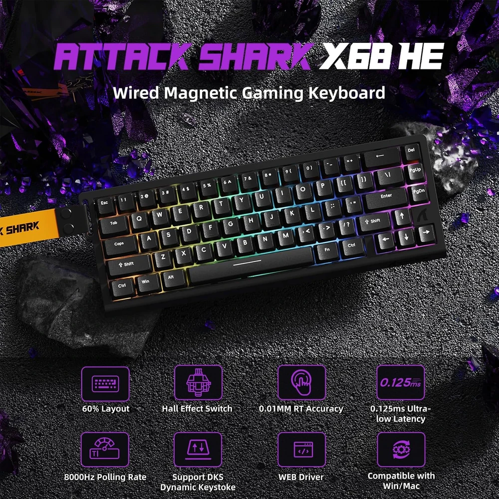 Klaviatūra ATTACK SHARK žaidimų klaviatūros ir belaidės pelės rinkinys X68HE-X3, Hall efekto jungikliai, PAW3395