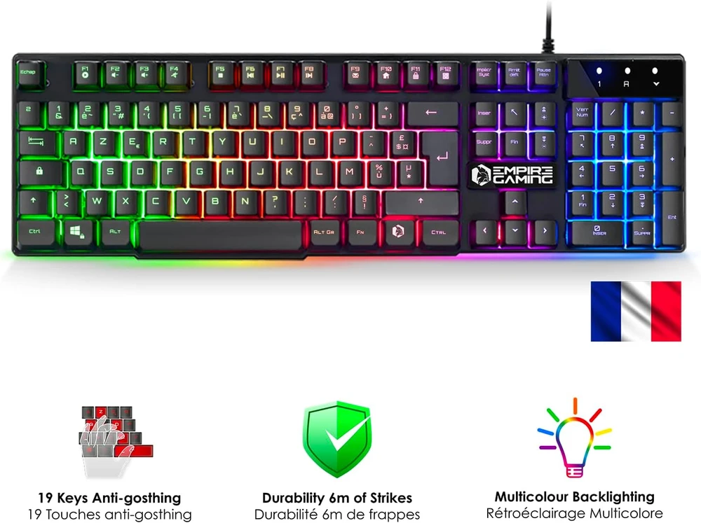 Klaviatūra EMPIRE GAMING žaidimų klaviatūros, pelės ir kilimėlio rinkinys RGB AZERTY 2400 DPI OE-KM-158