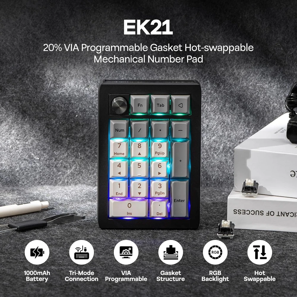 Klaviatūra Epomaker EK21 VIA skaitmeninis blokas, 20 klavišų, belaidis, mechaninis, 1000 mAh, Wisteria V2
