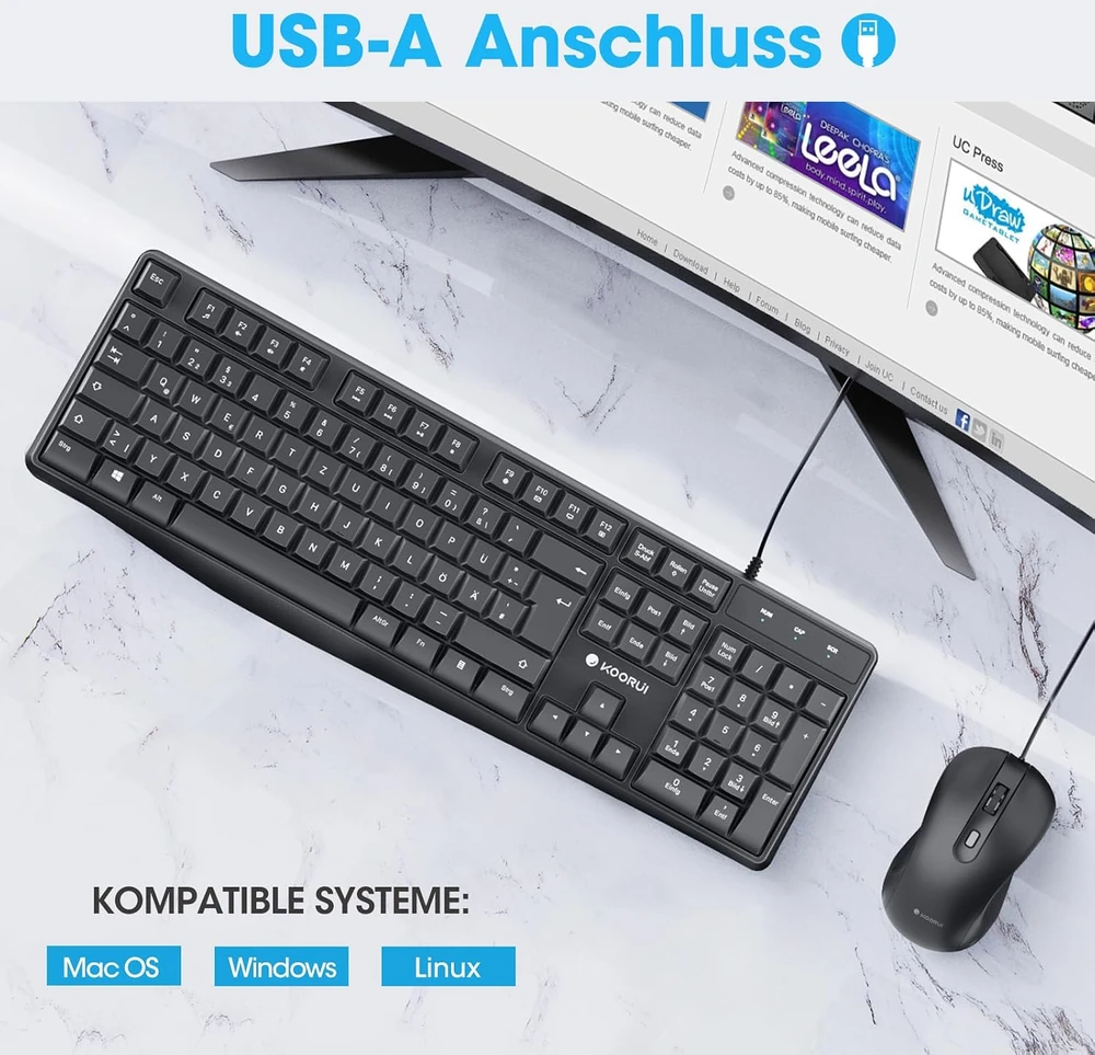Klaviatūra KOORUI belaidis klaviatūros ir pelės rinkinys 2,4 GHz QWERTZ, 104 klavišai, BKC01-Juodas