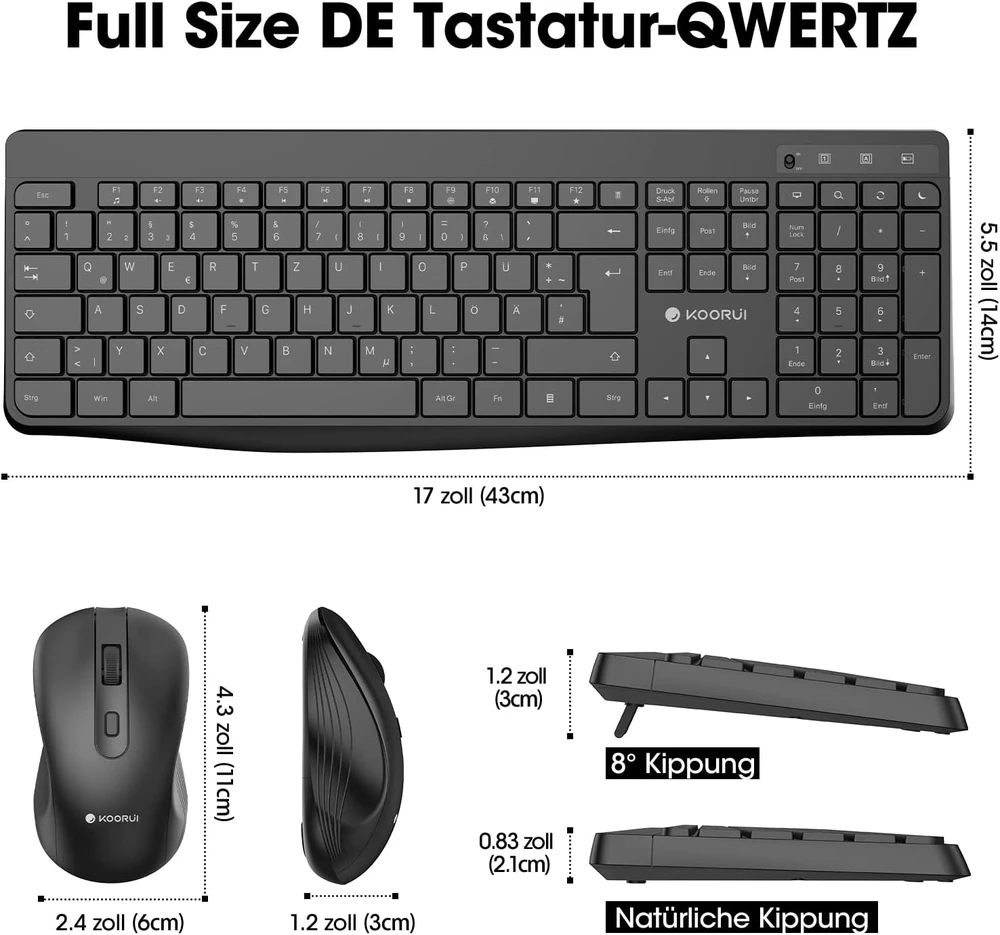 Klaviatūra KOORUI belaidis klaviatūros ir pelės rinkinys 2,4 GHz, QWERTZ, BK0104-Juodas