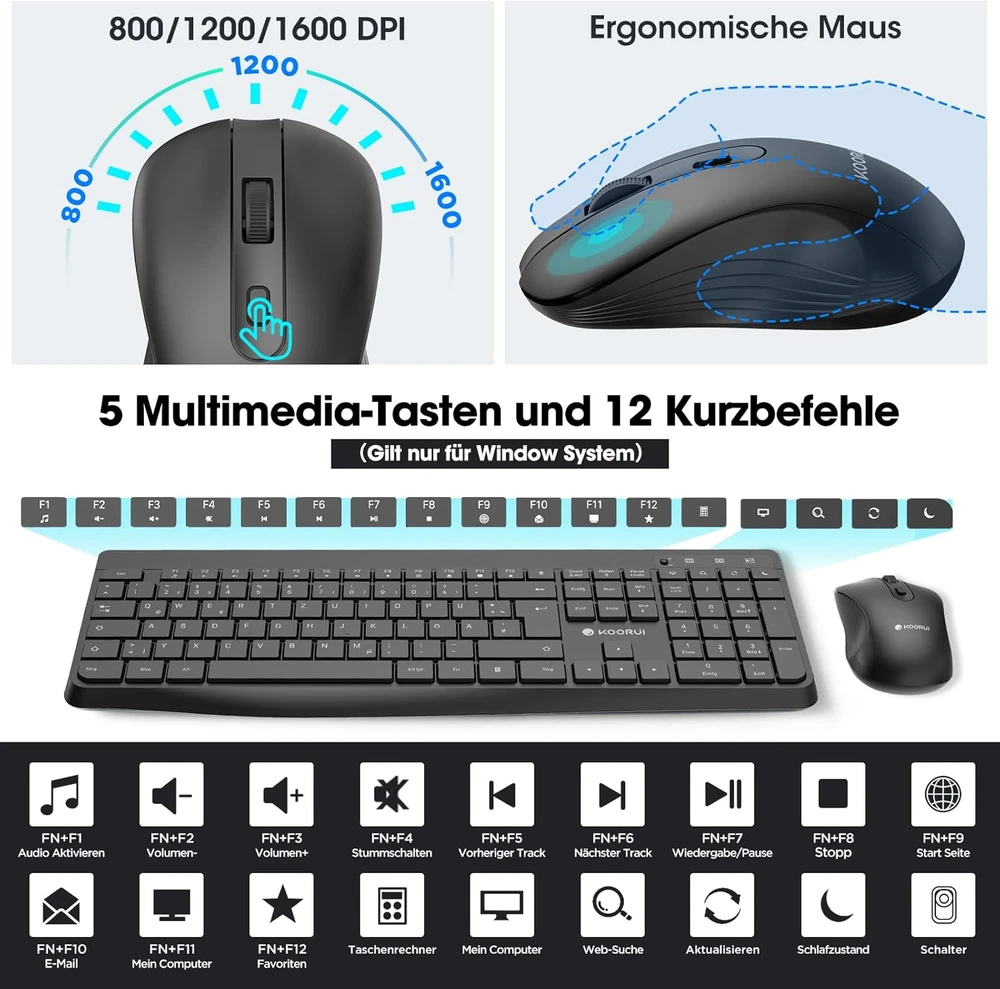 Klaviatūra KOORUI belaidis klaviatūros ir pelės rinkinys 2,4 GHz, QWERTZ, BK0104-Juodas