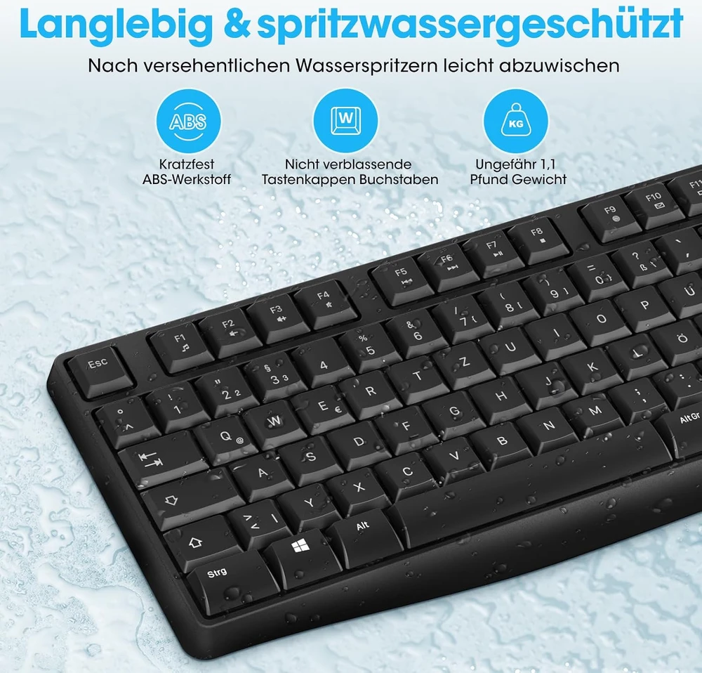 Klaviatūra KOORUI belaidis klaviatūros ir pelės rinkinys 2,4 GHz QWERTZ, 104 klavišai, BKC01-Juodas