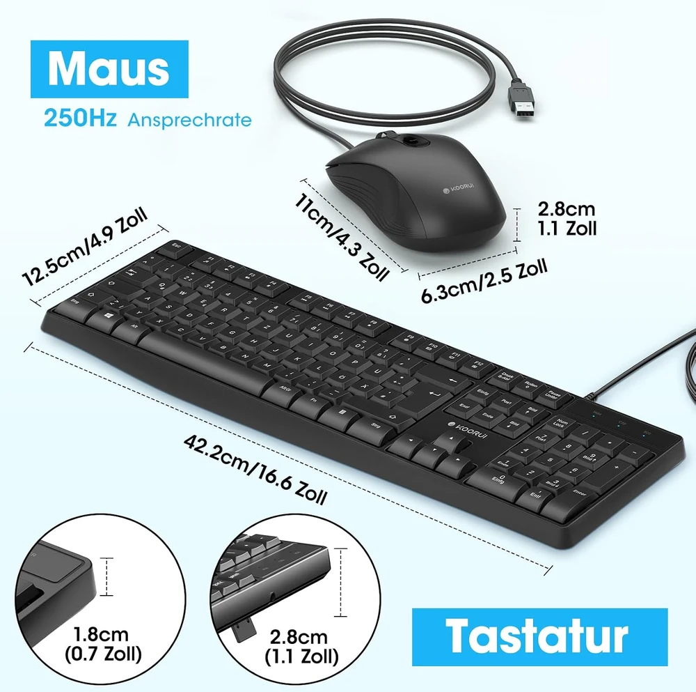 Klaviatūra KOORUI belaidis klaviatūros ir pelės rinkinys 2,4 GHz QWERTZ, 104 klavišai, BKC01-Juodas