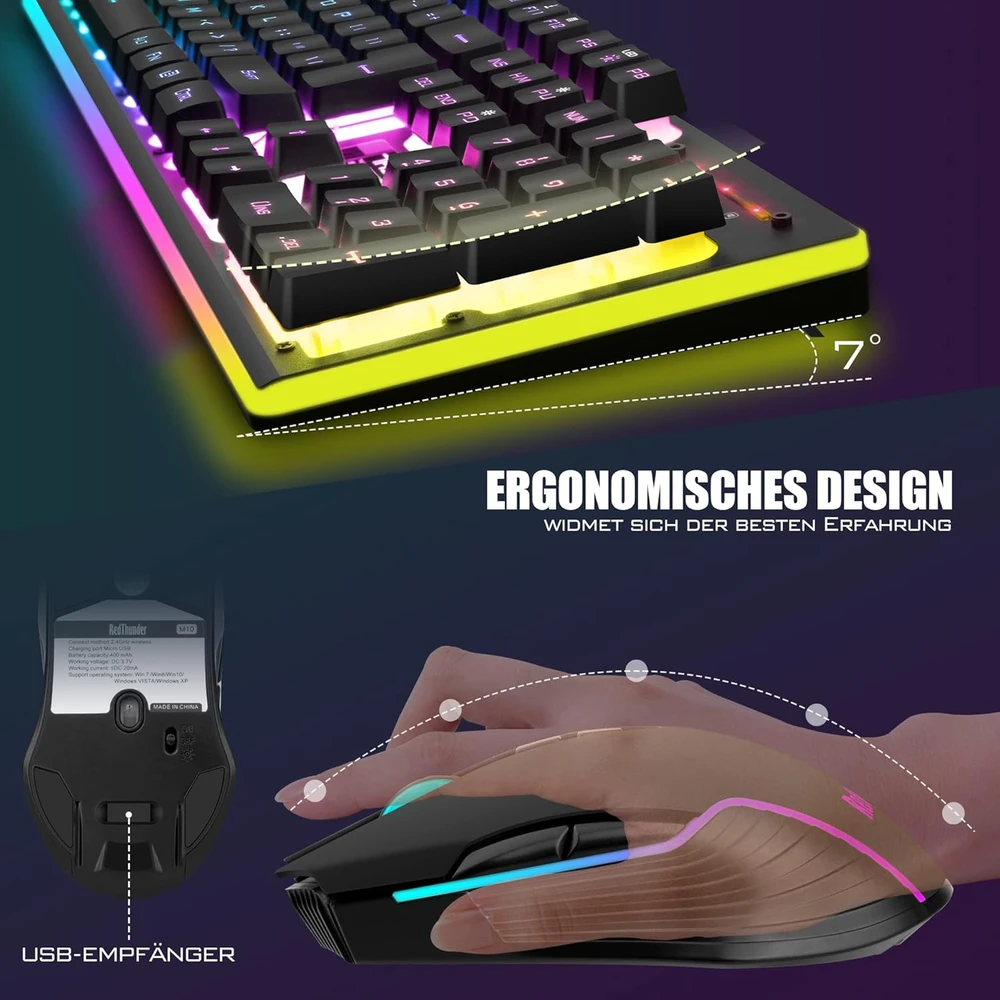 Klaviatūra RedThunder belaidis žaidimų klaviatūros ir pelės rinkinys, 2,4 GHz, QWERTZ DE, K10