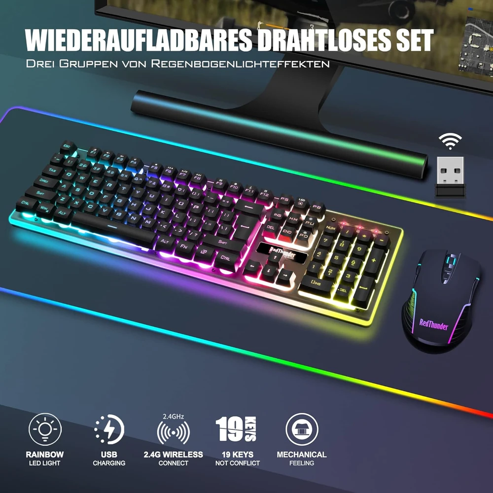 Klaviatūra RedThunder belaidis žaidimų klaviatūros ir pelės rinkinys, 2,4 GHz, QWERTZ DE, K10
