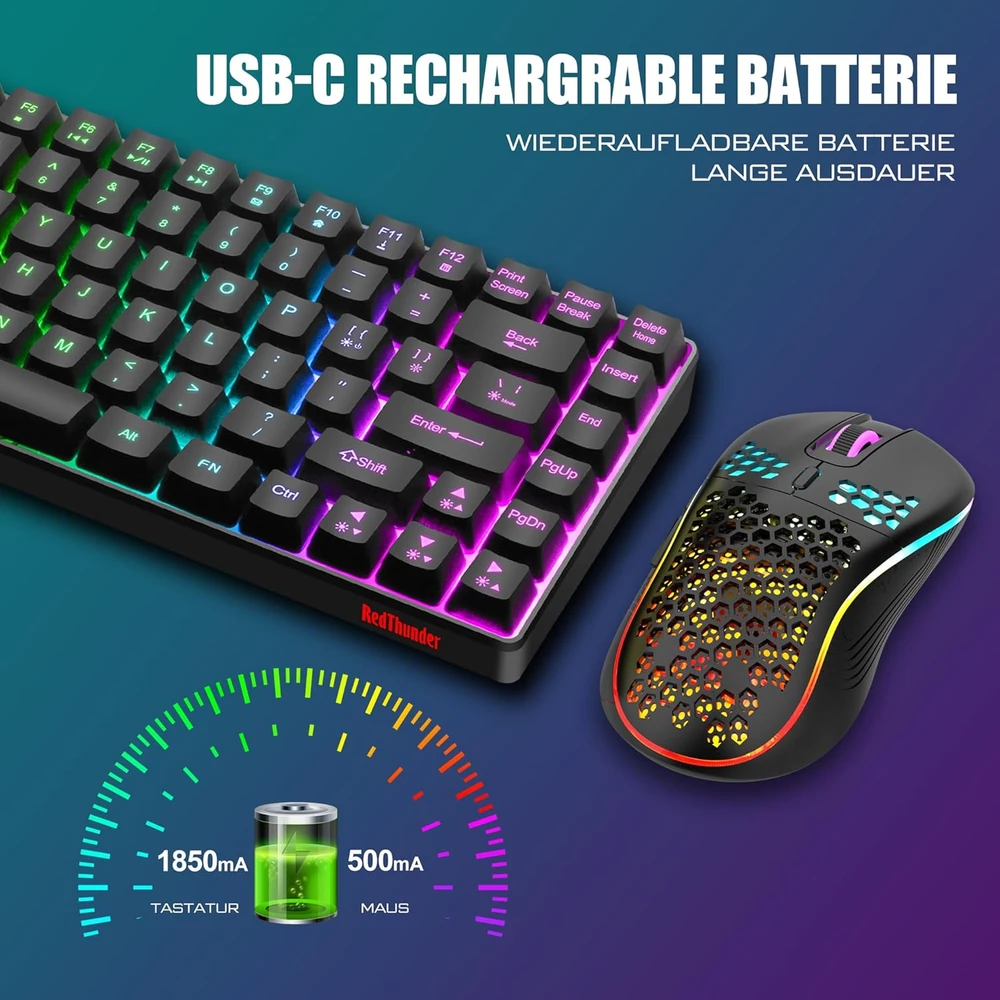 Klaviatūra RedThunder belaidis žaidimų klaviatūros ir pelės rinkinys 2,4 GHz QWERTZ, 85 klavišai, K84