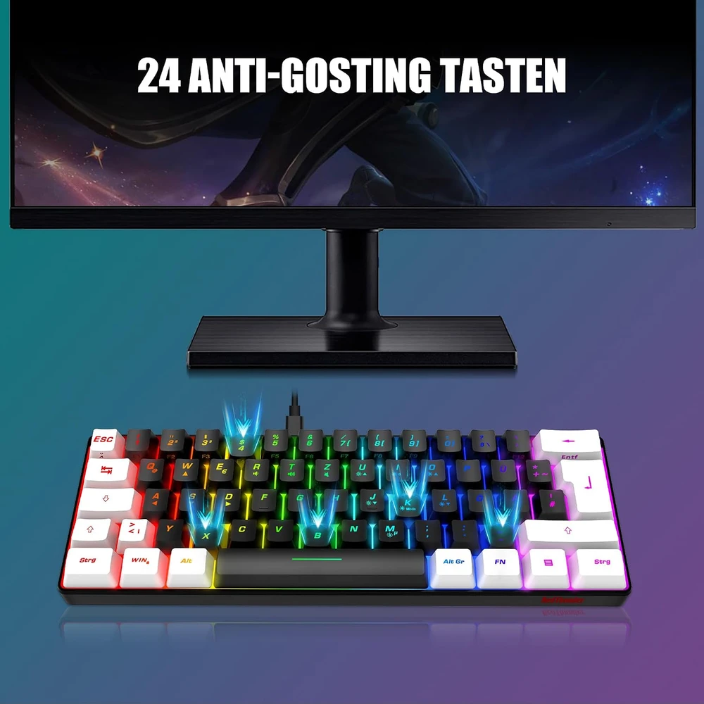 Klaviatūra RedThunder laidinis žaidimų klaviatūros ir pelės rinkinys, 62 klavišų QWERTZ, RGB, 7200 DPI