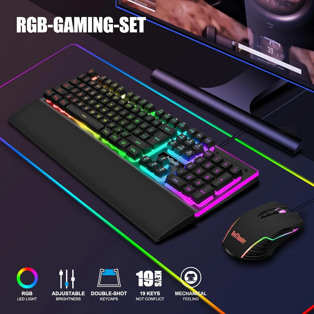 Klaviatūra RedThunder žaidimų klaviatūros ir pelės rinkinys RGB, QWERTZ, laidinis k10