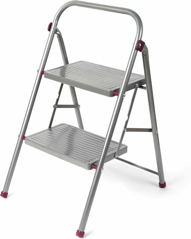 Kleeneze dviejų pakopų sulankstoma plieninė buitinė kopėčių pakyla 80 cm, apkrova 150 kg, rožinė pilka