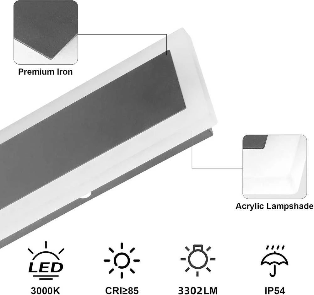 Klighten LED sieninis šviestuvas, IP54, 35 W, 121,5 cm, akrilas ir geležis, tamsiai pilkas, HW603-35 W-3000 K