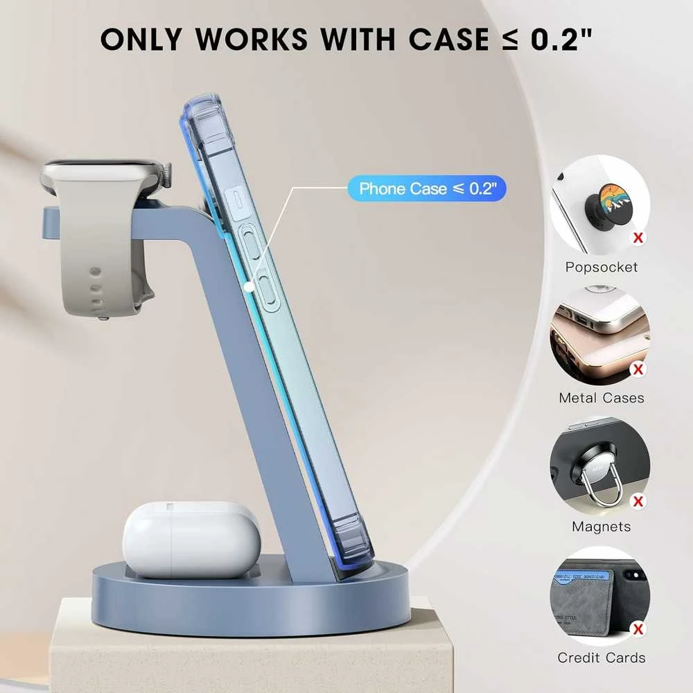 KLiHD 3-in-1 belaidė įkrovimo stotelė Phone, Watch ir Pods, 18 W, mėlyna, CW350