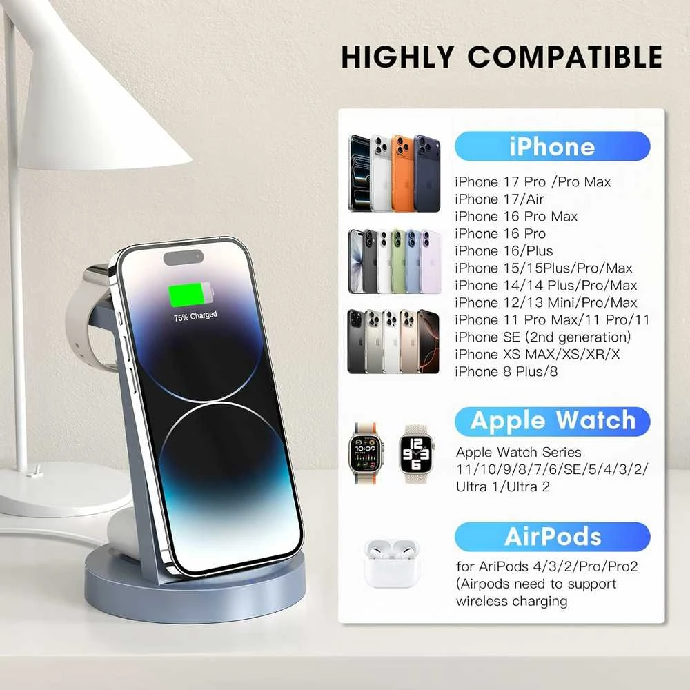 KLiHD 3-in-1 belaidė įkrovimo stotelė Phone, Watch ir Pods, 18 W, mėlyna, CW350