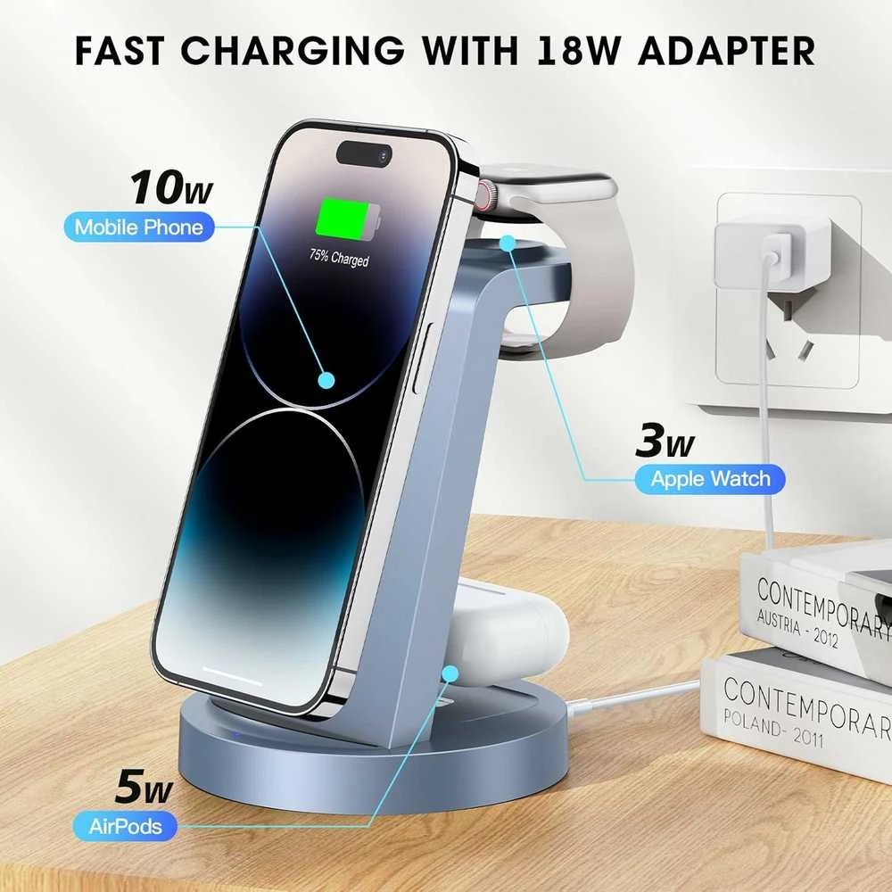 KLiHD 3-in-1 belaidė įkrovimo stotelė Phone, Watch ir Pods, 18 W, mėlyna, CW350