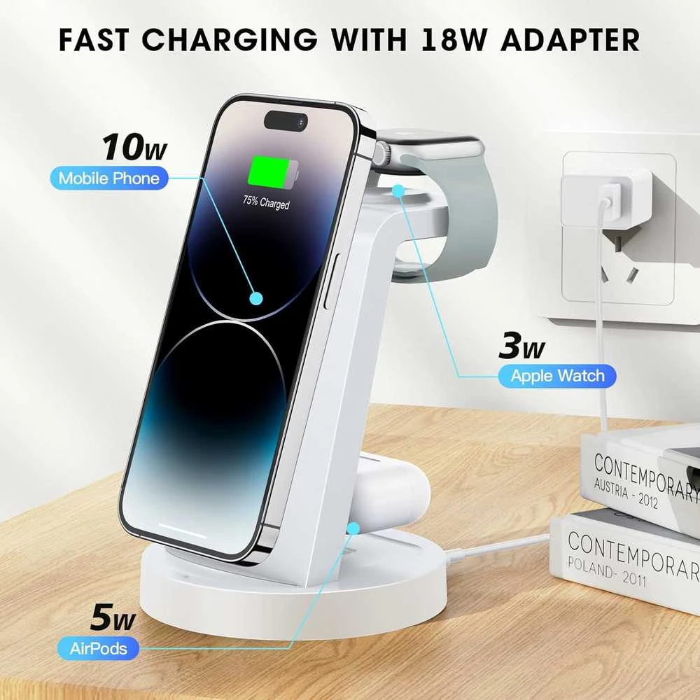 KLiHD 3‑in‑1 belaidė įkrovimo stotelė Phone telefonams, iWatch ir Pods, 18 W, balta