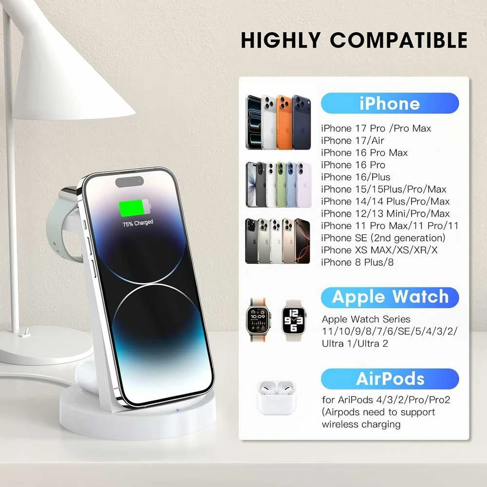 KLiHD 3‑in‑1 belaidė įkrovimo stotelė Phone telefonams, iWatch ir Pods, 18 W, balta
