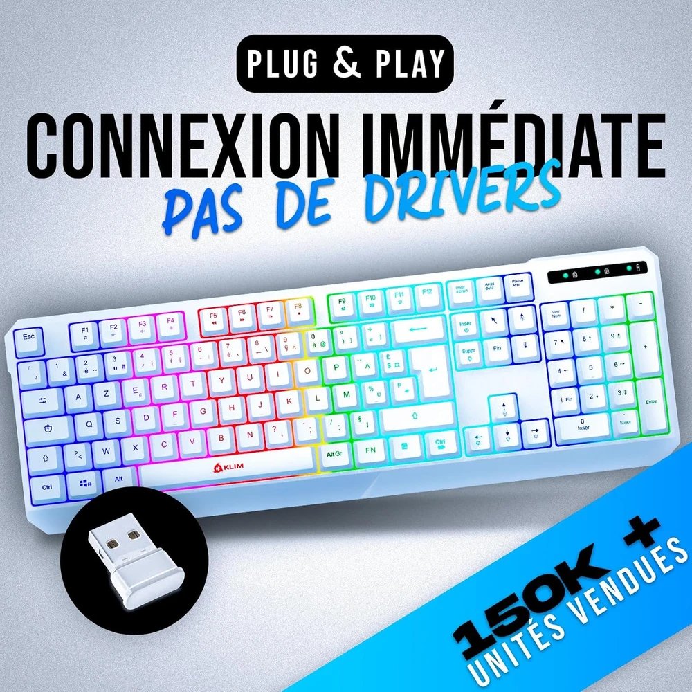 KLIM belaidė žaidimų klaviatūra su RGB apšvietimu, AZERTY, balta, WL906FR