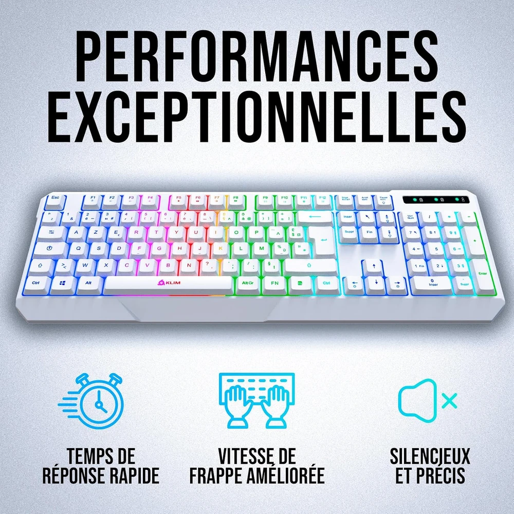 KLIM belaidė žaidimų klaviatūra su RGB apšvietimu, AZERTY, balta, WL906FR