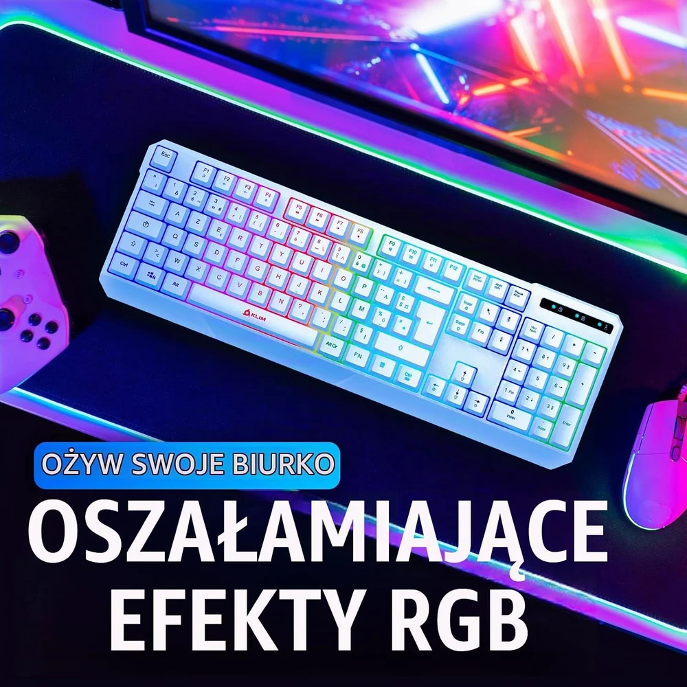 KLIM belaidė žaidimų klaviatūra su RGB apšvietimu, AZERTY, balta, WL906FR