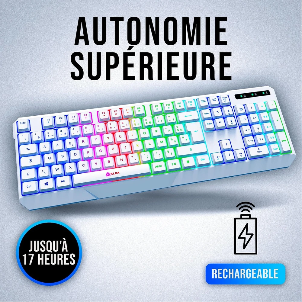 KLIM belaidė žaidimų klaviatūra su RGB apšvietimu, AZERTY, balta, WL906FR