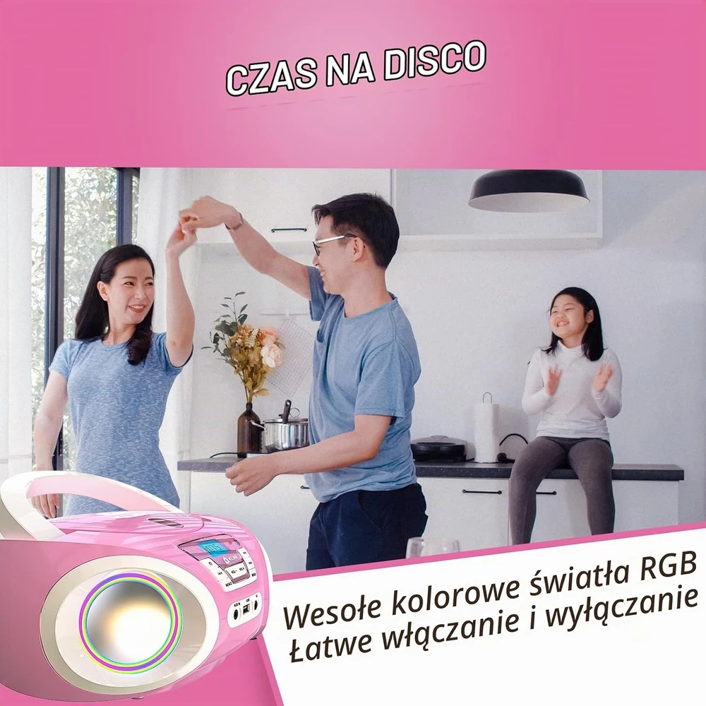 KLIM Candy Kids vaikiškas nešiojamas CD grotuvas su FM radiju, 13 W, rožinis, KCDY