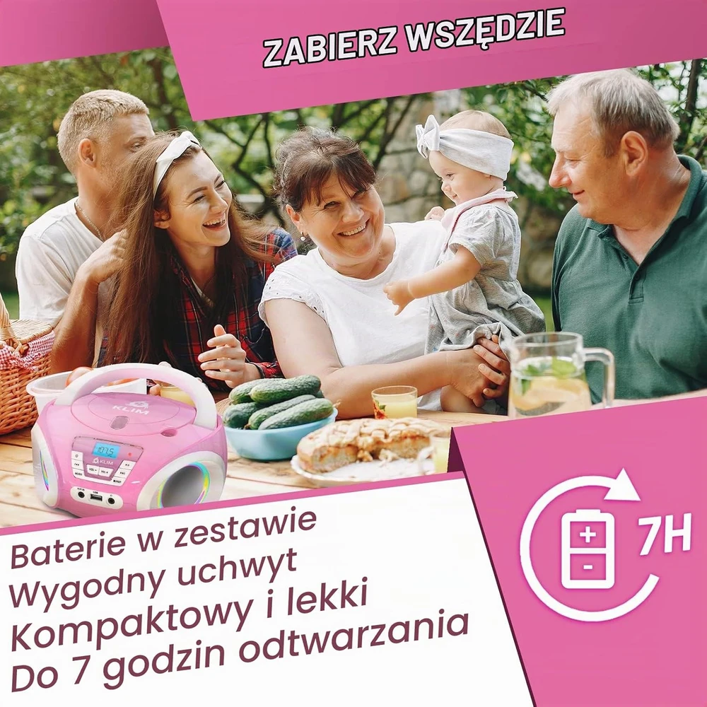 KLIM Candy Kids vaikiškas nešiojamas CD grotuvas su FM radiju, 13 W, rožinis, KCDY