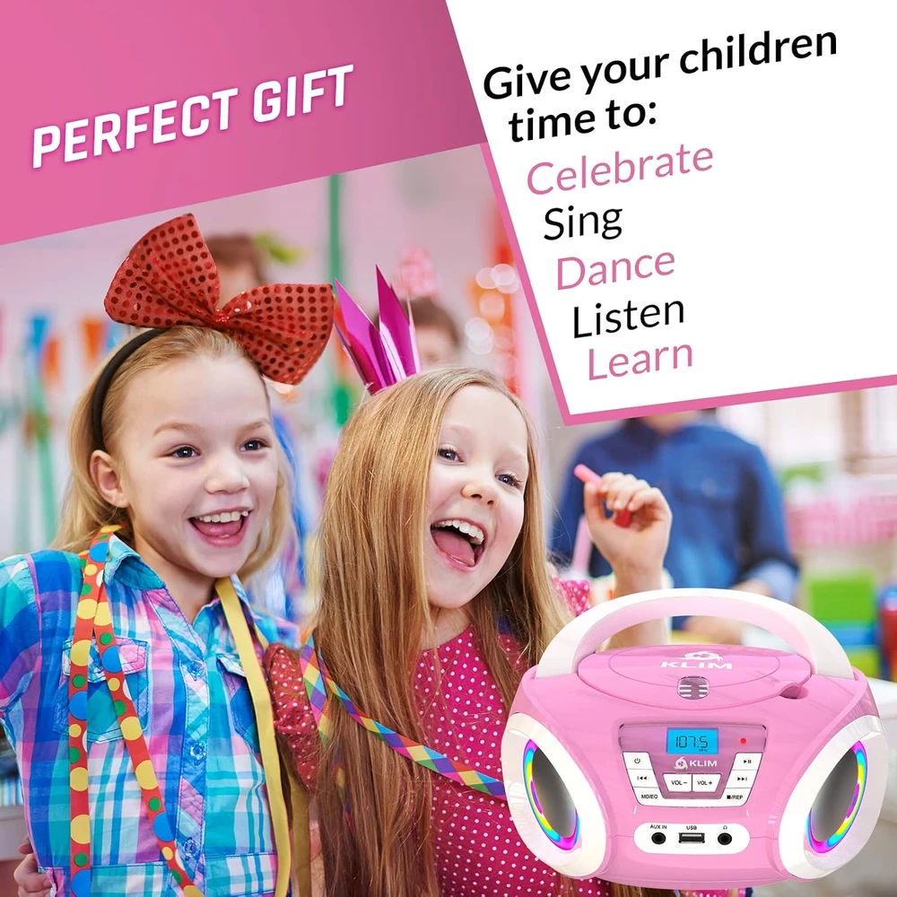 KLIM Candy Kids vaikiškas nešiojamas CD grotuvas su FM radiju, 13 W, rožinis, KCDY