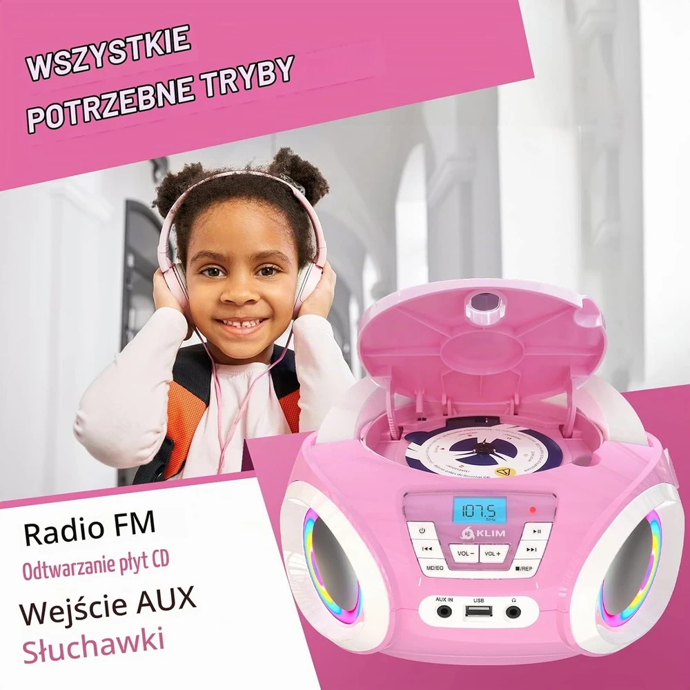 KLIM Candy Kids vaikiškas nešiojamas CD grotuvas su FM radiju, 13 W, rožinis, KCDY