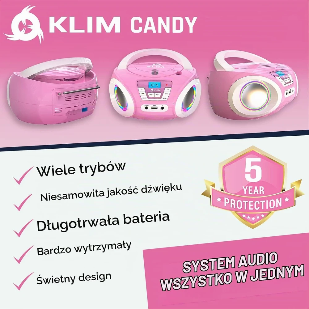 KLIM Candy Kids vaikiškas nešiojamas CD grotuvas su FM radiju, 13 W, rožinis, KCDY